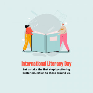 Illustration of two people opening a large book with the text 'International Literacy Day'