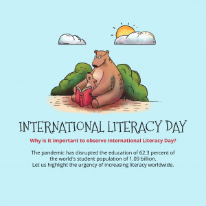 Illustration of a bear and cub reading a book with clouds and sun, promoting International Literacy Day.