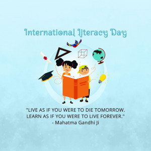 Illustration depicting children reading with educational symbols, celebrating International Literacy Day.