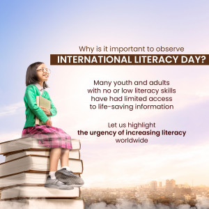 Girl sitting on stack of books with city skyline background, promoting International Literacy Day.