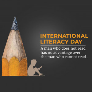 Image promoting International Literacy Day with a pencil-shaped building and a person reading.