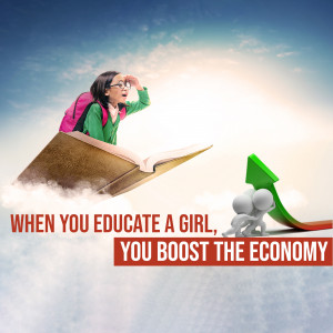Girl flying on an open book with a rising graph, promoting girls' education and its impact on the economy.