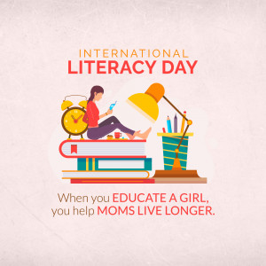 Illustration of a girl reading with a lamp, books, and school supplies, celebrating International Literacy Day.