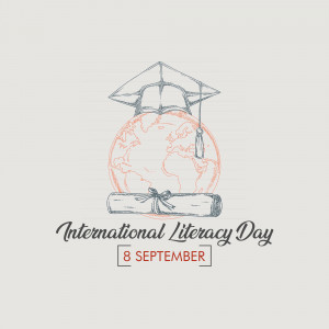 Illustration depicting a graduation cap, globe, and diploma scroll for International Literacy Day