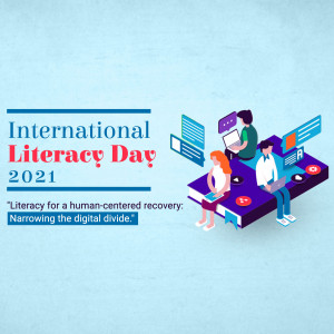 Illustration for International Literacy Day 2021 with people using technology and books.