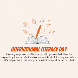 Illustration for International Literacy Day featuring an open book with doodles and the text 'International Literacy Day'
