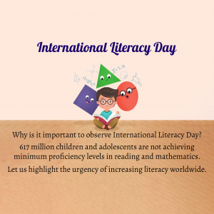 Illustration for International Literacy Day featuring shapes and a child reading