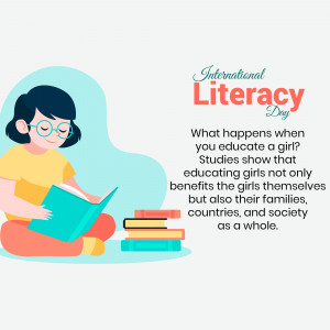 Illustration of a girl reading a book with text celebrating International Literacy Day.