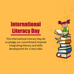 Illustration for International Literacy Day featuring a girl reading on a stack of books.