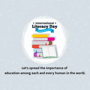 Image celebrating International Literacy Day with a stack of books and text.