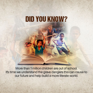 Image depicting children and an open book with text about child literacy.