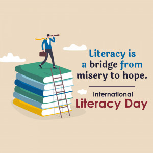 Illustration of a man looking through a telescope on a stack of books with the quote 'Literacy is a bridge from misery to hope' and 'International Literacy Day' text.