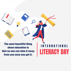 Illustration depicting graduation, books, and learning materials with the text 'International Literacy Day'.