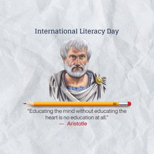 Illustration of Aristotle with a pencil and quote about education