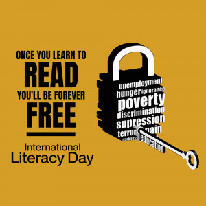 Image depicting a padlock with words representing societal issues being unlocked by a key labeled 'education', promoting International Literacy Day.