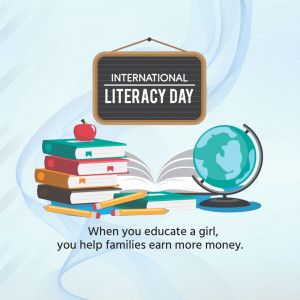 Illustration for International Literacy Day featuring books, a globe, and a chalkboard.