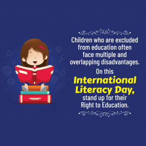 Illustration of a girl reading a book with stacks of books and text promoting International Literacy Day.