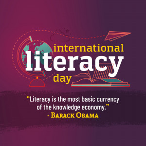Image celebrating International Literacy Day with a globe, books, and a paper airplane.