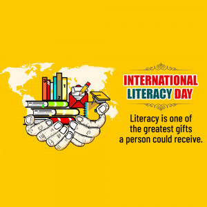 Illustration depicting books, a graduation cap, and a hand holding them against a world map background with text 'International Literacy Day'