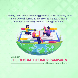 Illustration depicting the global literacy crisis and a call to action for education.