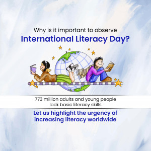 Illustration promoting International Literacy Day with people reading around a globe.