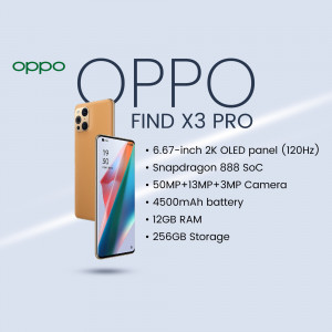 OPPO Find X3 Pro smartphone with key specifications listed