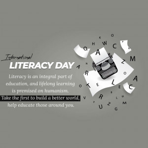 Image depicting a typewriter with letters flying around, celebrating International Literacy Day.