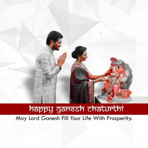 Couple celebrating Ganesh Chaturthi with prayers and offerings.