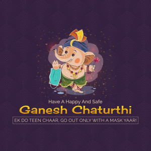 Illustration of Lord Ganesha wearing a mask with a safety message for Ganesh Chaturthi.