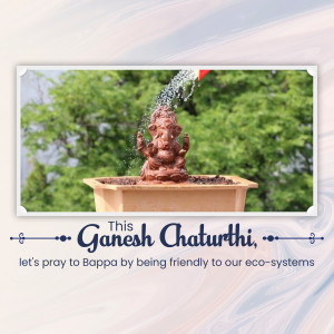 Ganesh idol in a pot with water flowing over it, promoting eco-friendly celebrations.