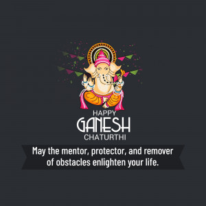 Illustration of Lord Ganesha with festive decorations and text 'Happy Ganesh Chaturthi'