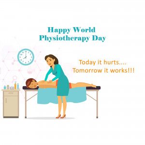 Illustration of a physiotherapist treating a patient on a massage table with text 'Happy World Physiotherapy Day'