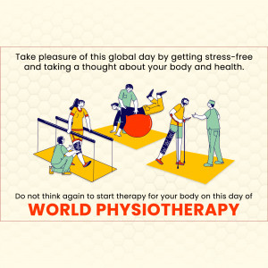 Illustration promoting World Physiotherapy Day with people engaged in physical therapy exercises.