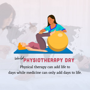Illustration of a physiotherapist assisting a patient with exercise using a large exercise ball.