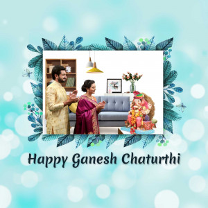 A festive image wishing Happy Ganesh Chaturthi with a family praying to Lord Ganesha.