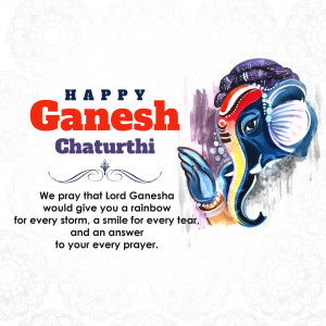 Ganesh Chaturthi greeting card with Lord Ganesha's image and a blessing.