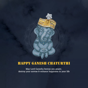 Lord Ganesha image with a golden crown on a dark marble background