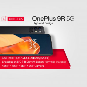 OnePlus 9R 5G smartphone with a vibrant display and sleek design