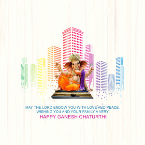 Lord Ganesha with a city skyline background, wishing Happy Ganesh Chaturthi