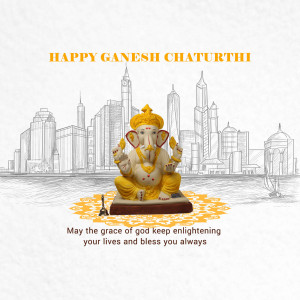 Ganesh Chaturthi greeting with Lord Ganesha and a city skyline