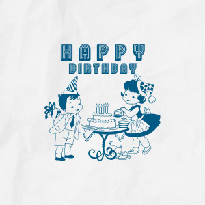 Vintage style illustration of children celebrating a birthday with a cake.