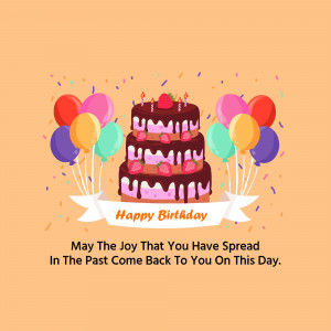 A three-tiered birthday cake with balloons and confetti, with a 'Happy Birthday' banner.