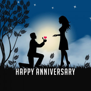 Silhouette of a man proposing to a woman under a starry night sky with a heart-shaped light.