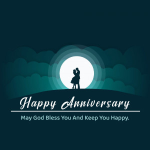 Silhouette of a couple embracing under a full moon with 'Happy Anniversary' text.