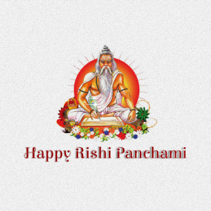 Illustration of a Rishi with text 'Happy Rishi Panchami'