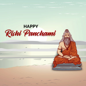 Illustration of a Rishi meditating on a beach with text 'Happy Rishi Panchami'