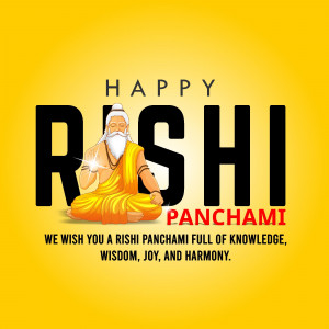 Illustration of a Rishi with the text 'Happy Rishi Panchami'