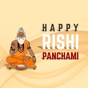 Illustration of a Rishi meditating with text 'Happy Rishi Panchami'