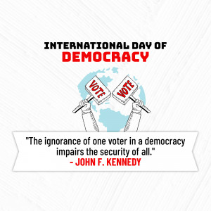 Image commemorating International Day of Democracy with hands holding voting paddles over a globe.