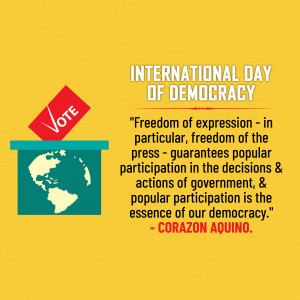 Image commemorating International Day of Democracy with a ballot box and globe.